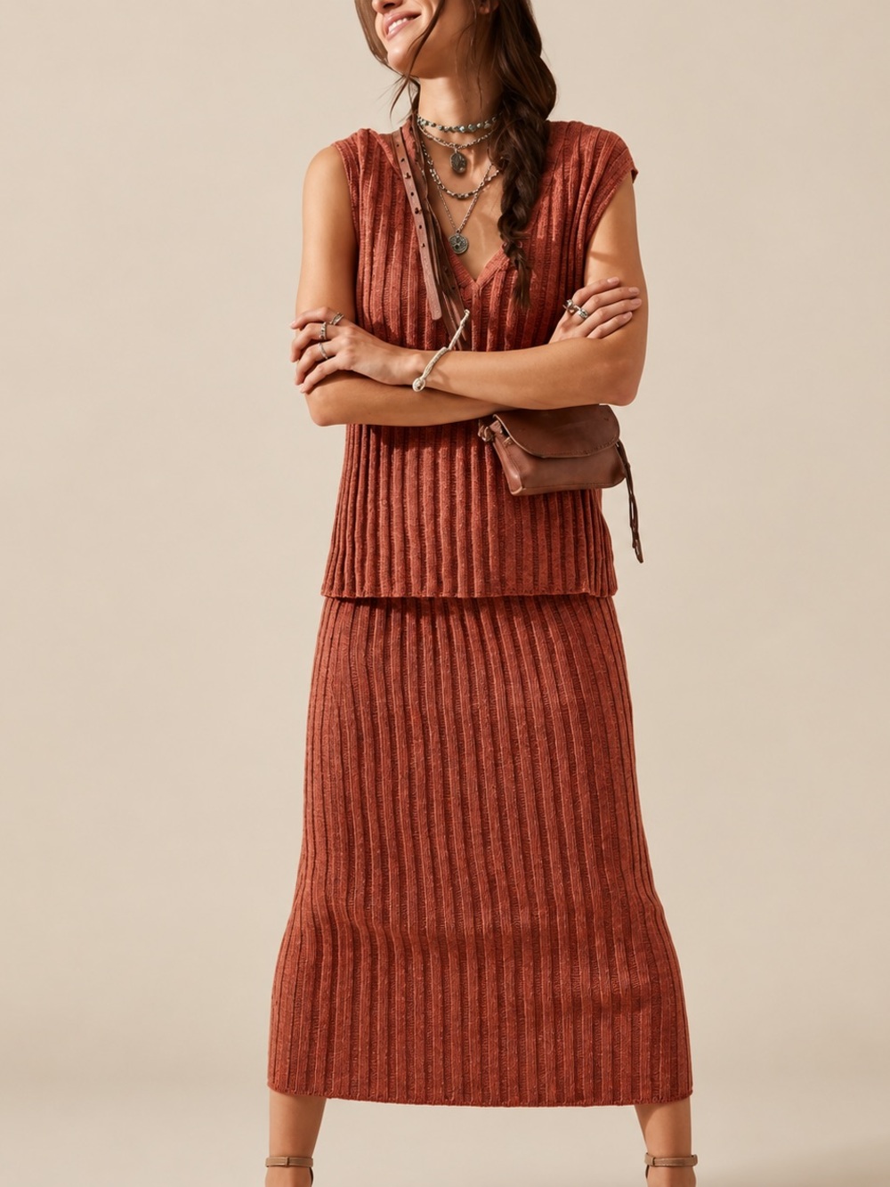 Free People FP Beach Veda Ribbed Knit Maxi Skirt Rust Boho Coastal XS